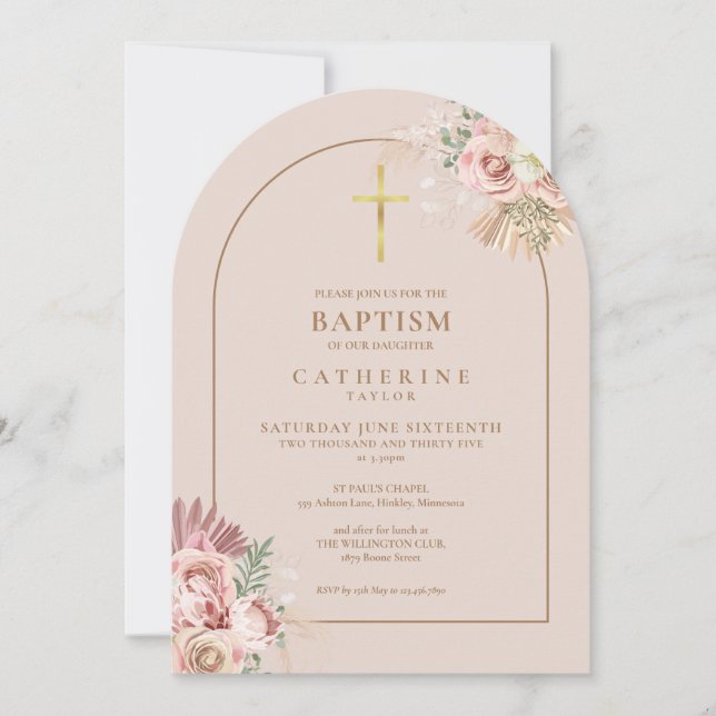 Invitación Baptismo del Chica floral de gramo Gold Arch Pampa (Anverso)