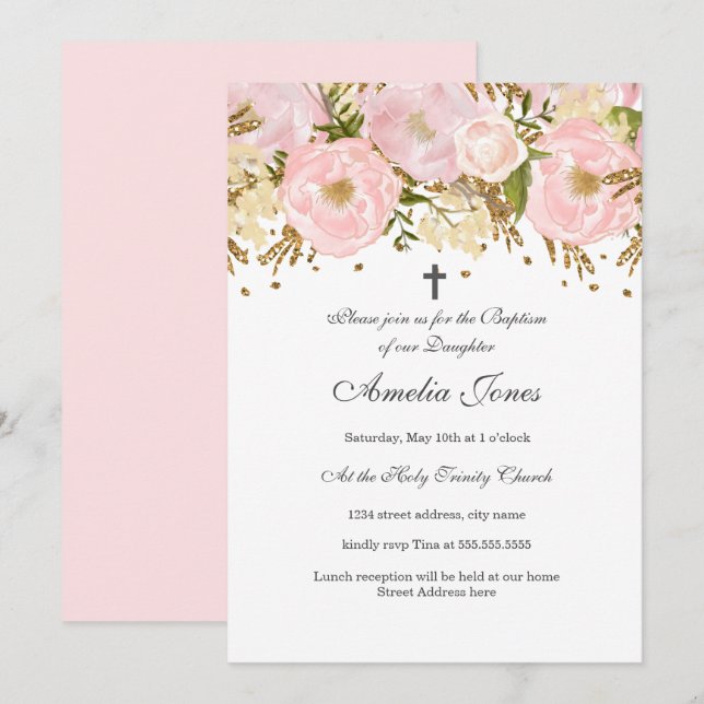 Invitación Baptismo del Chica floral de oro rosado de Rubor b (Anverso / Reverso)