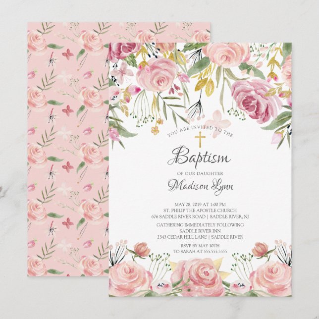 Invitación Baptismo del Chica floral rosa Rubor de color de a (Anverso / Reverso)