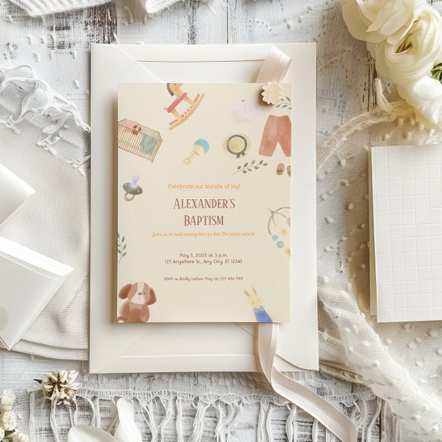 Invitación Baptismo del juguete de la guardería beige marrón (Subido por el creador)