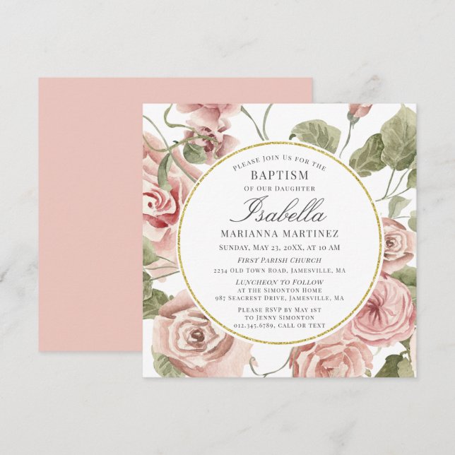 Invitación Baptismo del marco de la ronda dorada de la floral (Anverso / Reverso)
