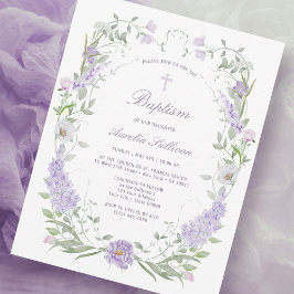 Invitación Baptismo del marco de lavanda de la lámina floral