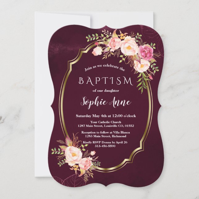 Invitación Baptismo del marco dorado floral rosa de Borgoña R (Anverso)