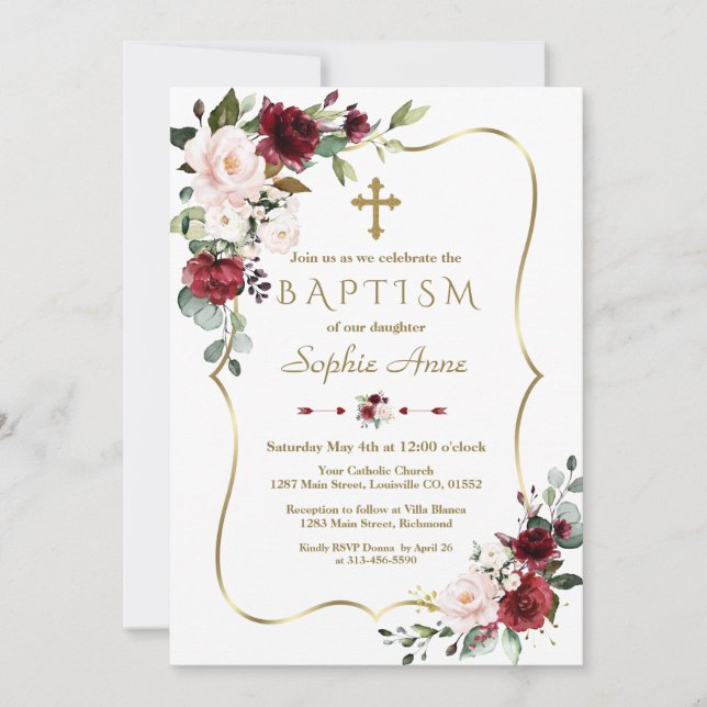 Invitación Baptismo del marco dorado floral Royal Burgundy Ru (Anverso)