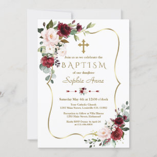 Invitación Baptismo del marco dorado floral Royal Burgundy Ru