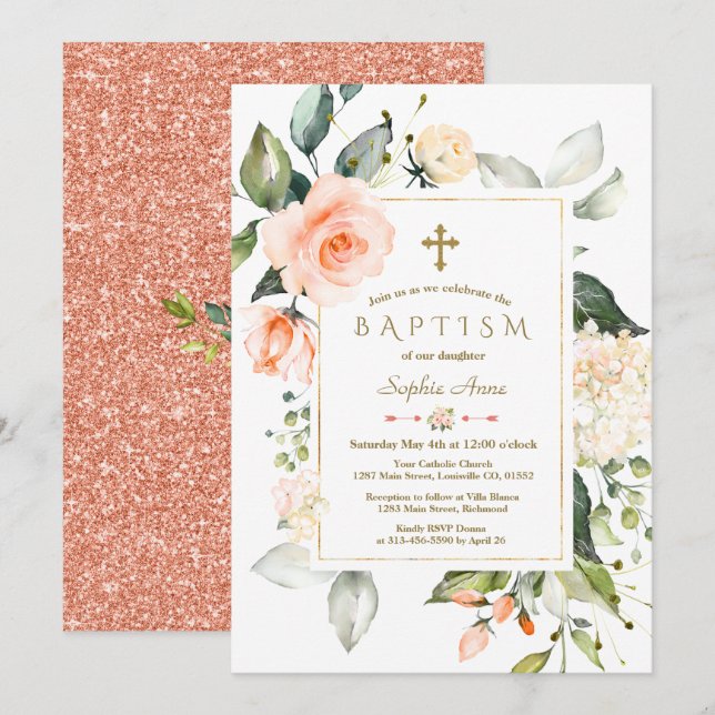 Invitación Baptismo del marco floral del coral vivo Purpurina (Anverso / Reverso)