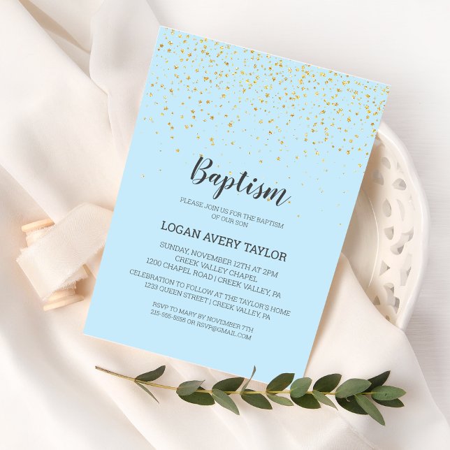Invitación Baptismo del niño bebé azul de Confetti dorado (Subido por el creador)