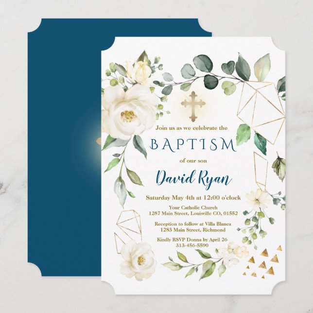 Invitación Baptismo del niño de la Cruz Geométrica del Oro Fl (Anverso / Reverso)