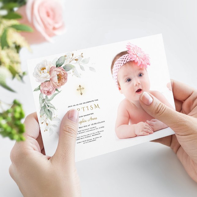 Invitación Baptismo del Rosa blanco de foto Chica floral (peach white flowers girl baptism, trendy photo girl baptism, elegant floral photo baptism)