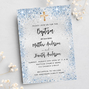 Invitación Baptismo doble azul plata niños lujo