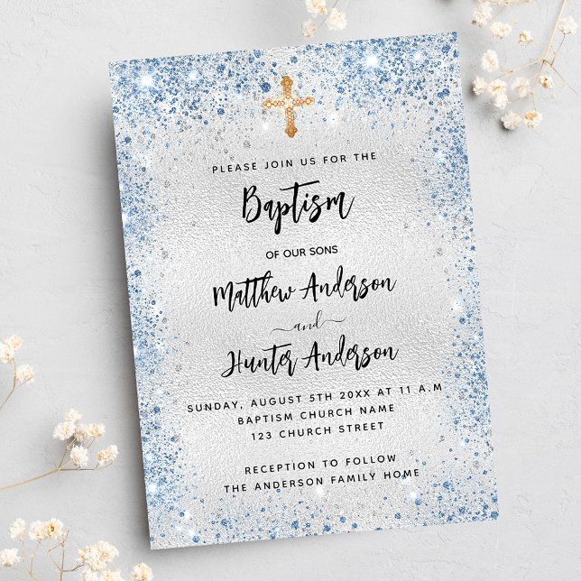 Invitación Baptismo doble azul plata niños lujo (Subido por el creador)