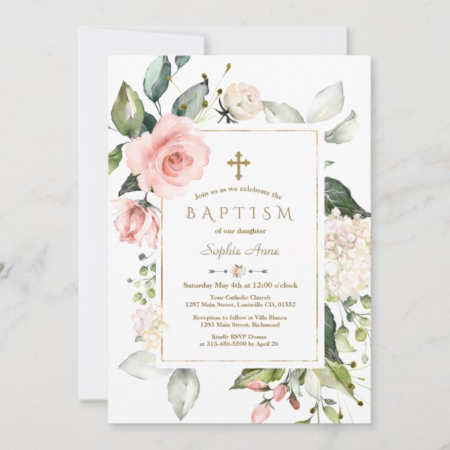 Invitación Baptismo dorado de marco floral crema rosa de Rubo (Anverso)