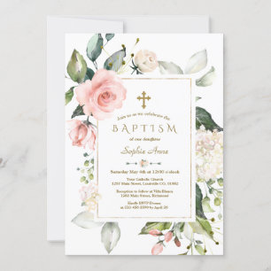 Invitación Baptismo dorado de marco floral crema rosa de Rubo