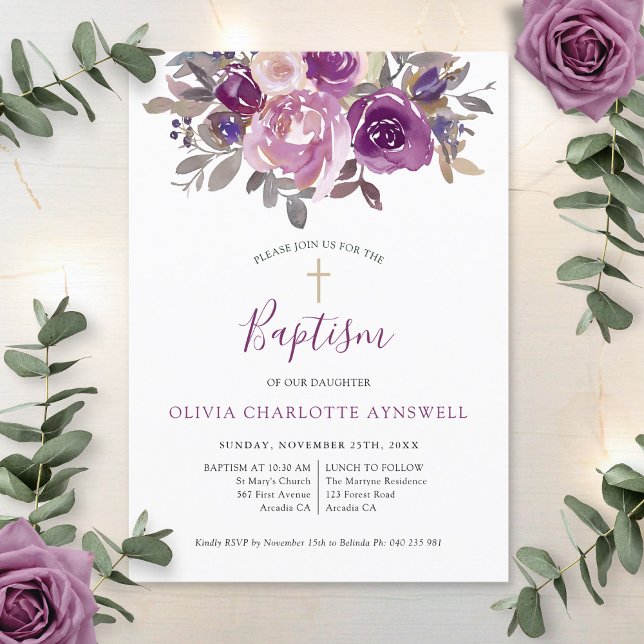 Invitación Baptismo Dusty Mauve Christening Botánico Púrpura (Subido por el creador)