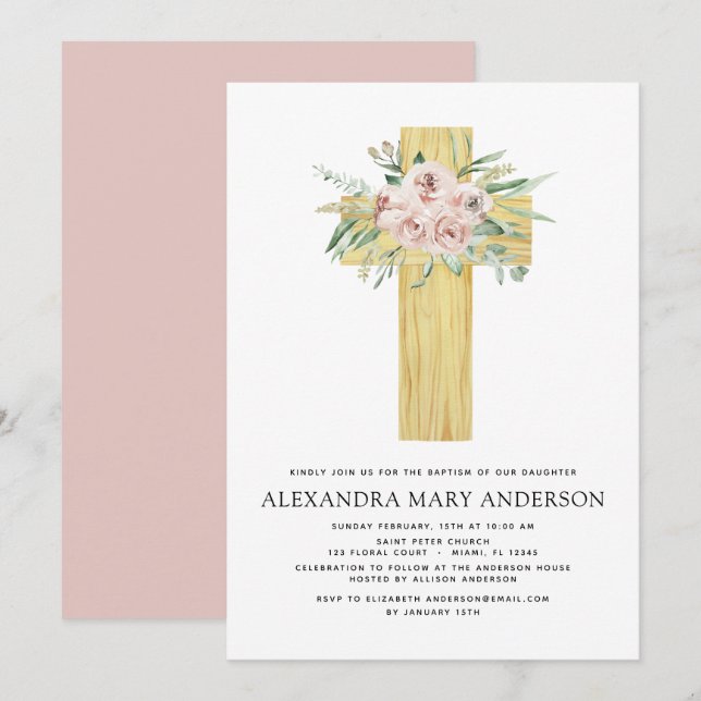 Invitación Baptismo Dusty Pink Rose Greeneration Eucalyptus (Anverso / Reverso)