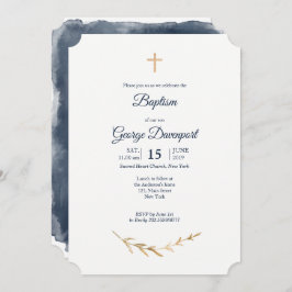 Invitación Baptismo Elegante azul y dorado Evento religioso