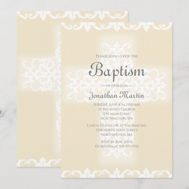 Invitación Baptismo Elegante Cruz cristiana beige blanco Dama (Anverso / Reverso)