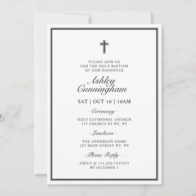 Invitación Baptismo Elegante Cruz Moderna Código QR (Anverso)
