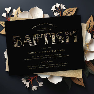 Invitación Baptismo elegante de Boho Classy Gold/Black Typogr