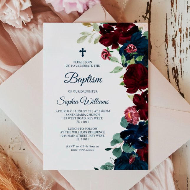 Invitación Baptismo elegante de flores azules de Borgoña y Ma (Subido por el creador)