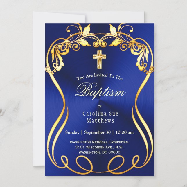 Invitación Baptismo elegante de la Cruz Azul de Oro (Anverso)