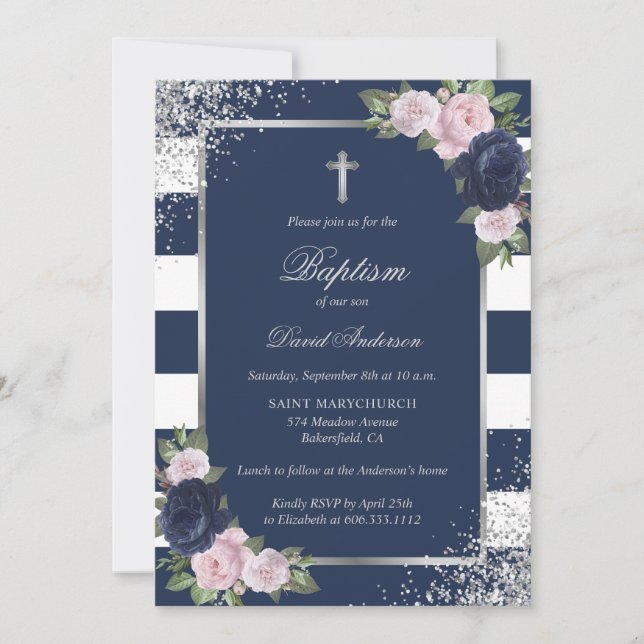Invitación Baptismo elegante de la Cruz Azul Floral de Plata (Anverso)
