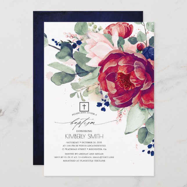 Invitación Baptismo elegante floral azul de la Marina de Rubo (Anverso / Reverso)