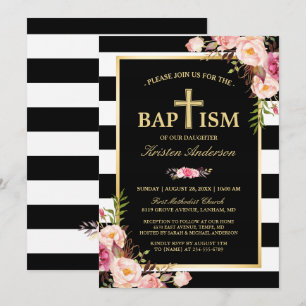 Invitación Baptismo - Elegante Floral Gold Black White Stripe