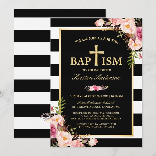 Invitación Baptismo - Elegante Floral Gold Black White Stripe (Anverso / Reverso)