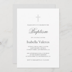 Invitación Baptismo elegante simple de cruz gris plateado
