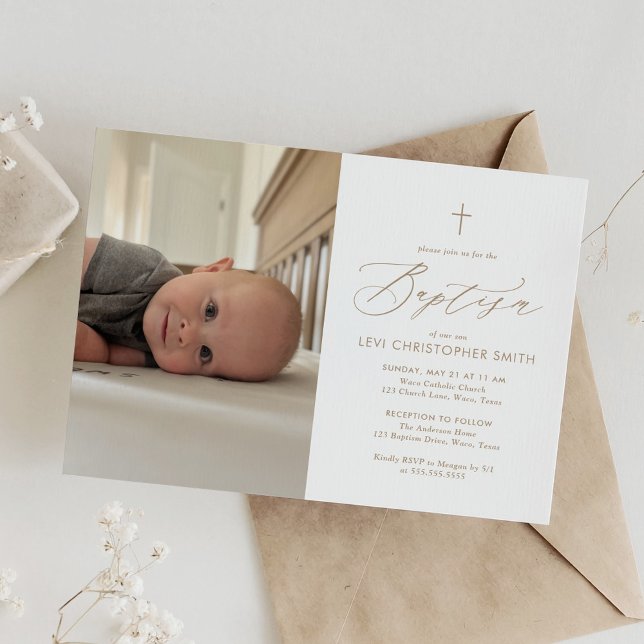 Invitación Baptismo elegante simple de la cruz de oro (Subido por el creador)