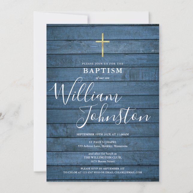Invitación Baptismo en escritura azul de madera rusa (Anverso)