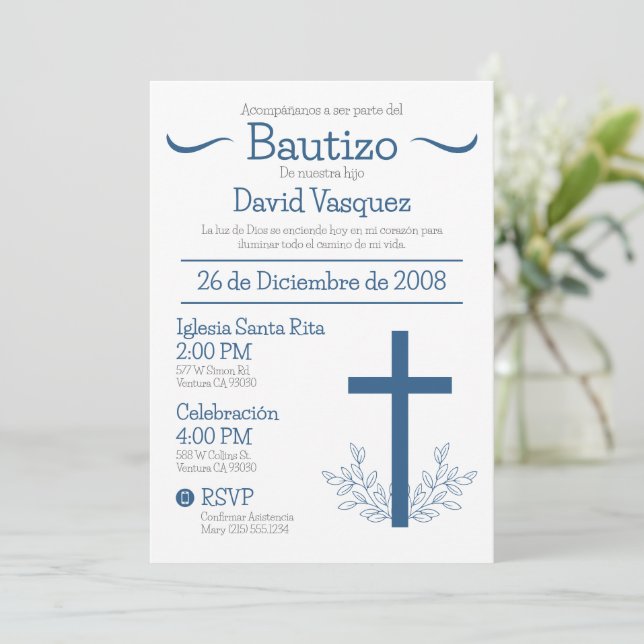 Invitación Baptismo en español Cute Bautizo Cross y salir I (Anverso de pie)