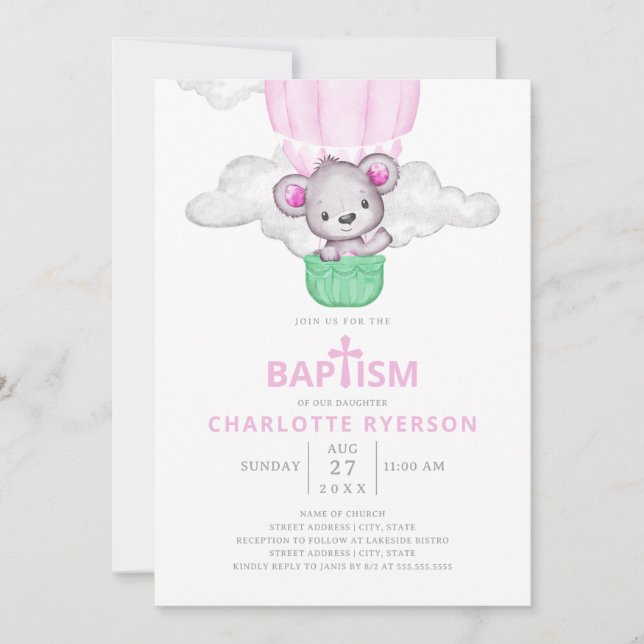 Invitación Baptismo en globo aerostático rosa de Chica de oso (Anverso)