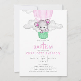 Invitación Baptismo en globo aerostático rosa de Chica de oso