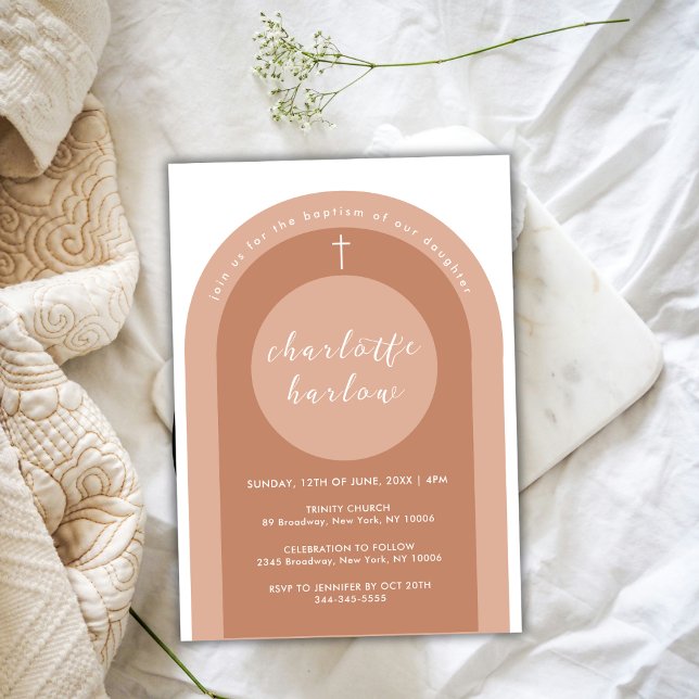 Invitación Baptismo en la cruz Chica de la Arca Boho Neutral  (Gender Neutral Boho Arch Cross Girl Baptism Invitation)