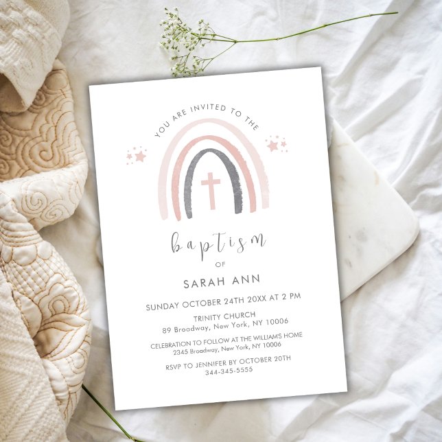 Invitación Baptismo en la cruz del arcoiris con un punto neut (Gender Neutral Boho Rainbow Cross Baptism Invitation)