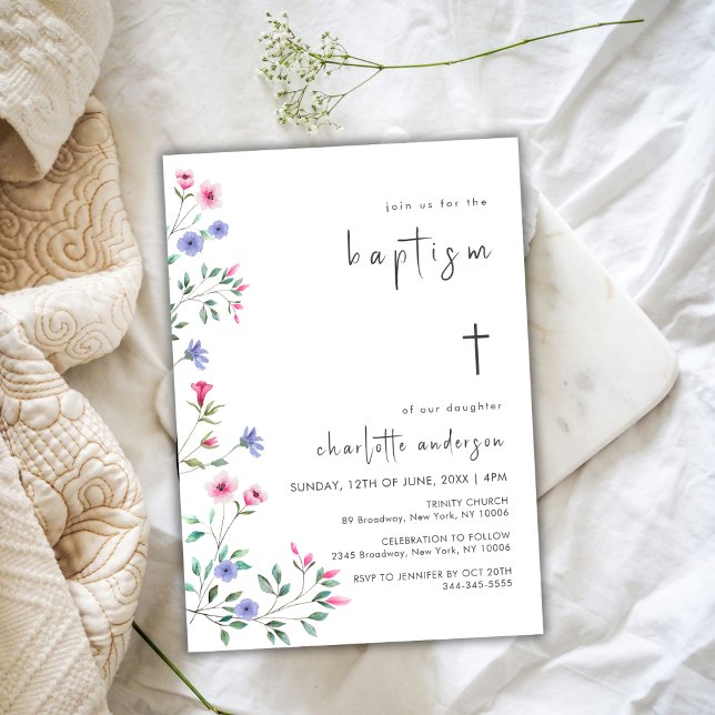 Invitación Baptismo en la pequeña primavera de flores silvest (Little Wildflower Spring Cross Christening Baptism Invitation)