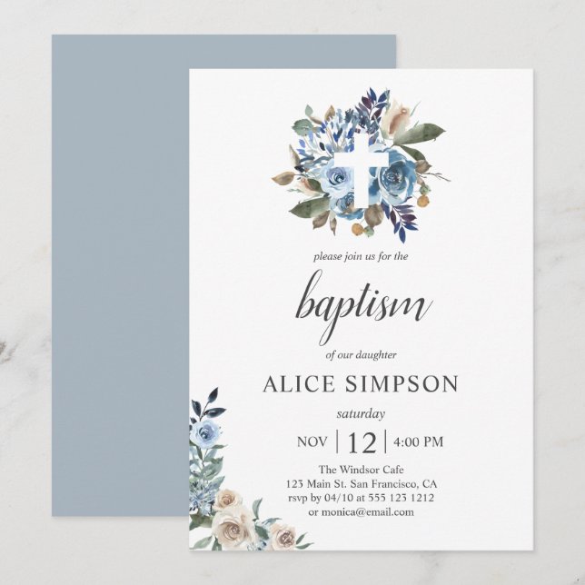 Invitación Baptismo en las flores azules de beige de Boho Dus (Anverso / Reverso)