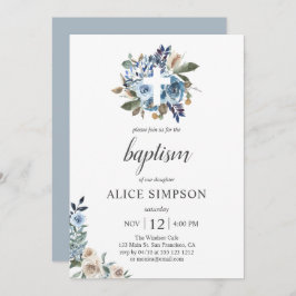 Invitación Baptismo en las flores azules de beige de Boho Dus