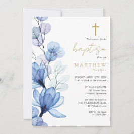 Invitación Baptismo en monograma floral transparente azul tur