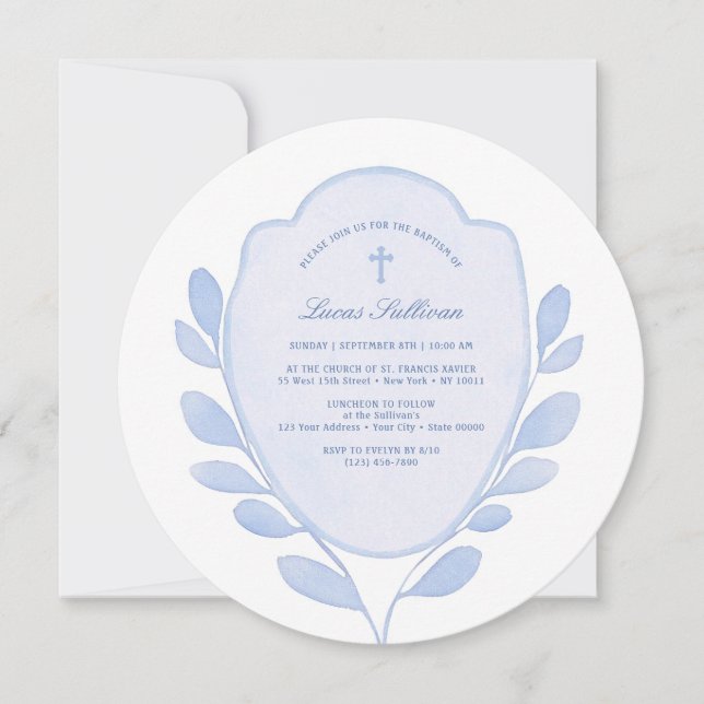 Invitación Baptismo Escudo de follaje azul (Anverso)