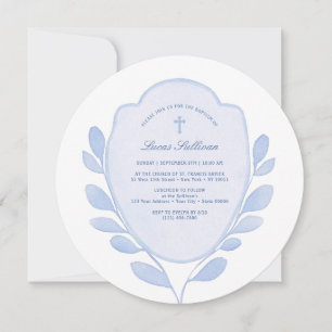 Invitación Baptismo Escudo de follaje azul