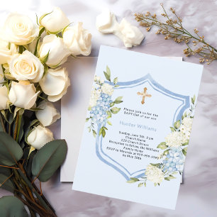 Invitación Baptismo escudo flor azul niño