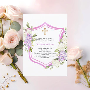 Invitación Baptismo escudo flores púrpura rosa chica
