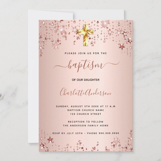 Invitación Baptismo estrellas de oro rosa chica elegante (Anverso)