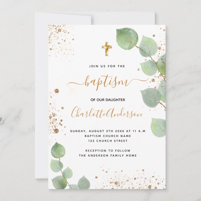 Invitación Baptismo eucalipto cruz de vegetación (Anverso)
