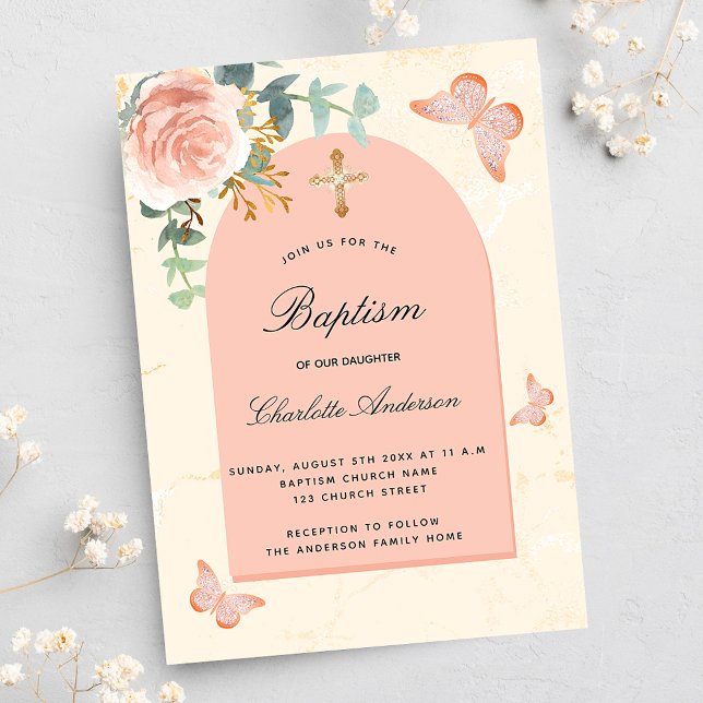 Invitación Baptismo eucalipto rosa rubor mariposas florales (Subido por el creador)