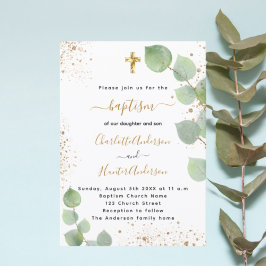 Invitación Baptismo eucalipto vegetación cruzada gemelos
