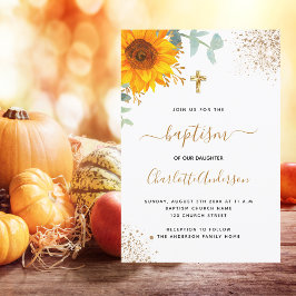 Invitación Baptismo eucalipto verde cruz de oro girasol